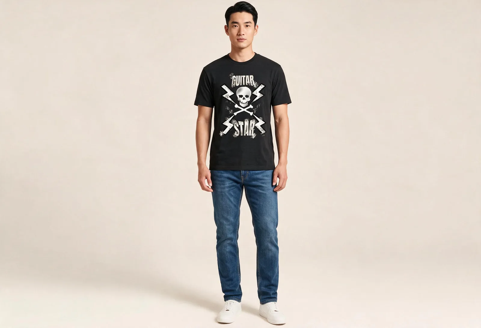 Skull & Bolts Logo Tee in Black, worn