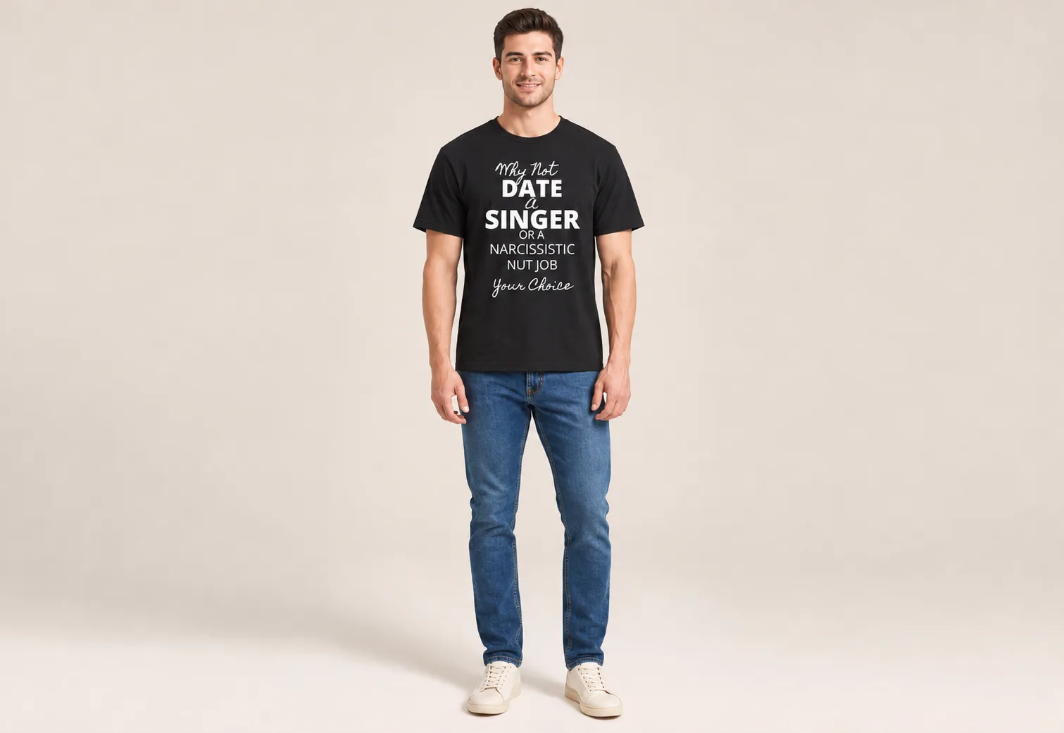 Why Not Date A Singer Tee in Black, worn
